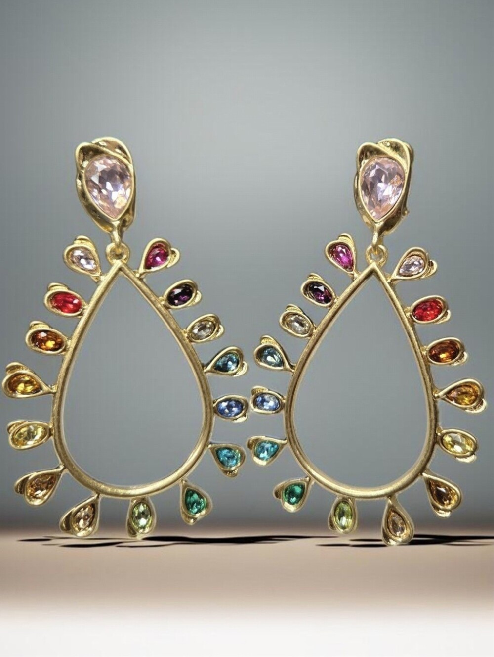 18k Gold Plated 3.5" Oversized MultiColor Crystal Teardrop Hoop Clip On Earrings